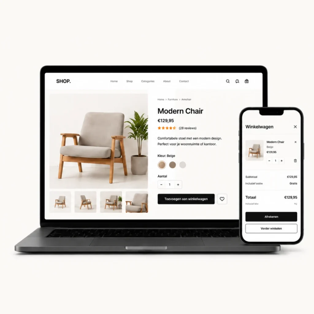 **Alt-tekst:** `Productpagina en winkelwagen van een professionele webshop op laptop en smartphone`