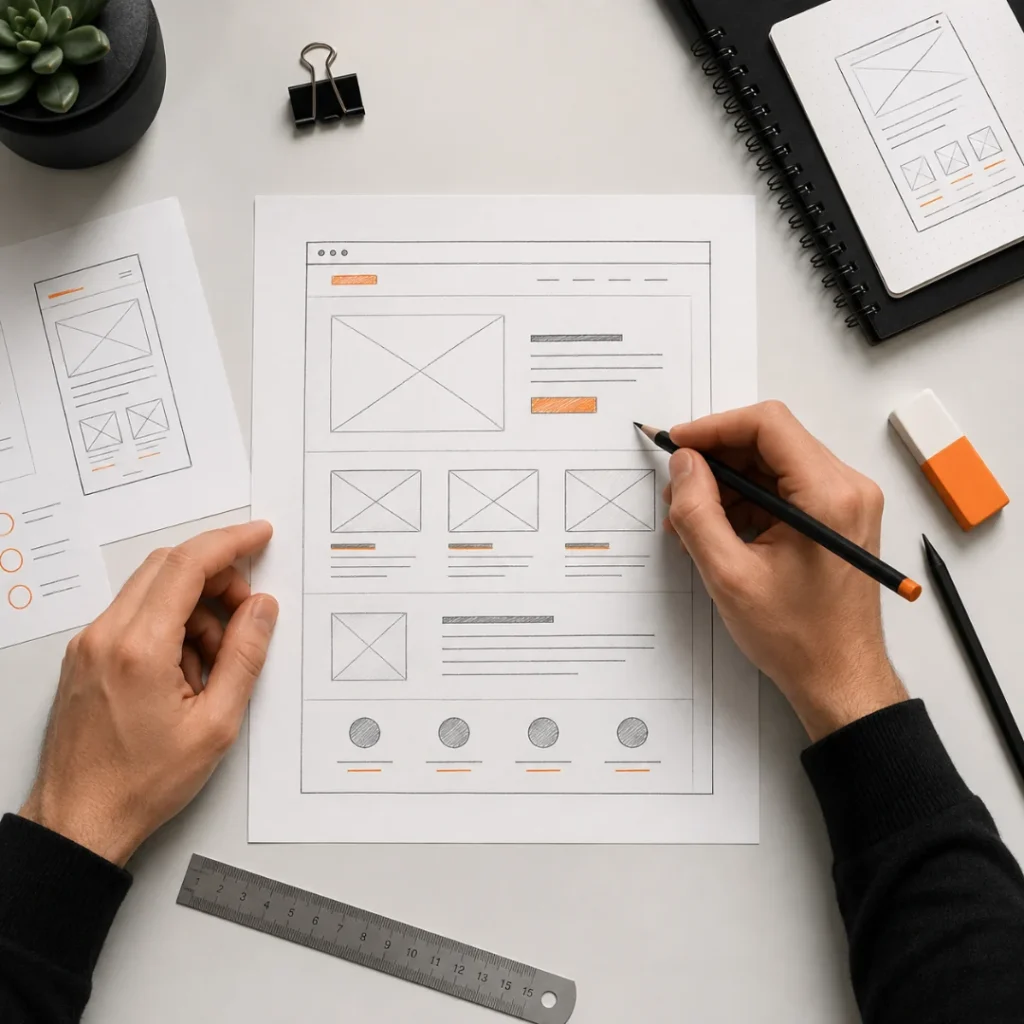 Wireframe ontwerpen voor een website op maat met potlood en UX-schetsen