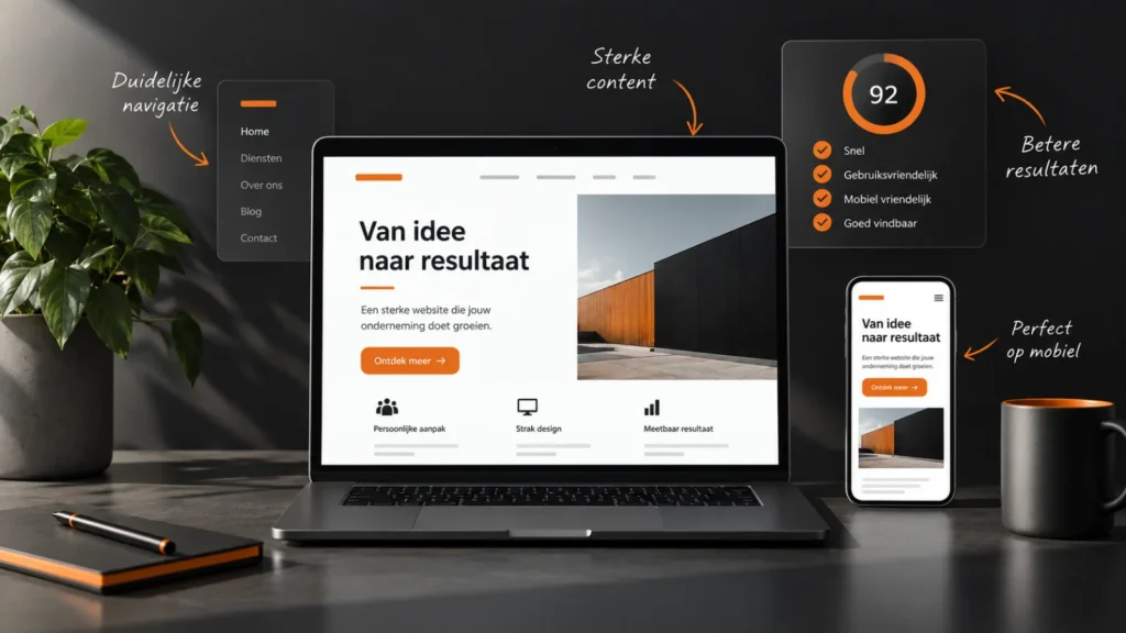 Kenmerken van een goede website met duidelijke navigatie, sterke content, mobiel ontwerp en goede prestaties