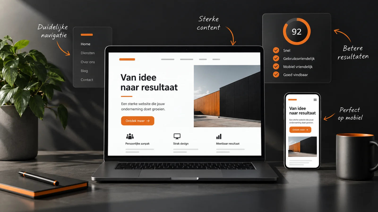 Kenmerken van een goede website met duidelijke navigatie, sterke content, mobiel ontwerp en goede prestaties
