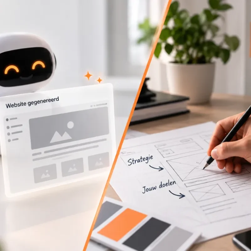 Vergelijking tussen AI-websitegeneratie en doordacht webdesign met wireframes.